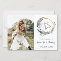 Foto Boho Blue Floral Moon Frame Salvar Data