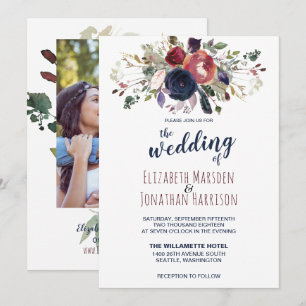 Convites Foto Boho Burgundy Marinho Mauve Floral Casamento