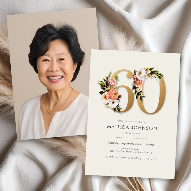 Convites Foto Boho Floral 60º Aniversário (Photo Boho Floral 60th Birthday Invitation)