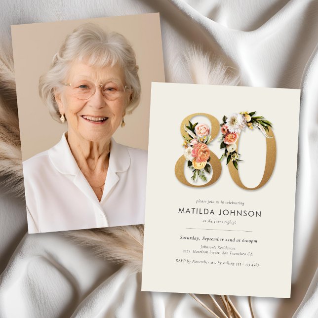 Convites Foto Boho Floral 80 Birthday (Photo Boho Floral 80th Birthday Invitation)