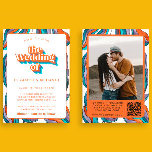 Convites Foto Boho Groovy Retro Blue QR Code Wavy Weding