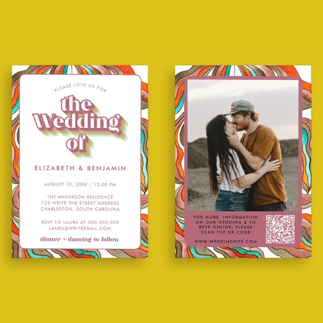 Convites Foto Boho Groovy Retro QR Código Pink Wavy Casamen (Front and Back)