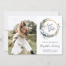 Convites Foto Boho Quadro Floral Lua Azul Save the Date