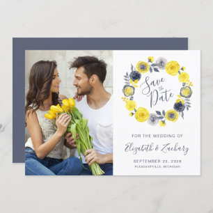 Convites Foto Boho Yellow Cinza Floral Wreath Salvar data
