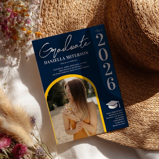 Convites Foto bold 2024 arch — graduação em azul escuro (Photo bold 2026 arch dark blue graduation invitation)