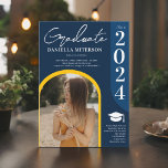 Convites Foto bold 2024 arch — graduação em azul escuro<br><div class="desc">Saúde à classe de 2024! Prossiga com nossos convites de formatura inspirados em retrô! Apresentando um design de arco ousado e tons azuis de marinho retrô,  com amarelo,  esses convites são perfeitos para qualquer formatura boho-chic,  com 2 fotos.</div>