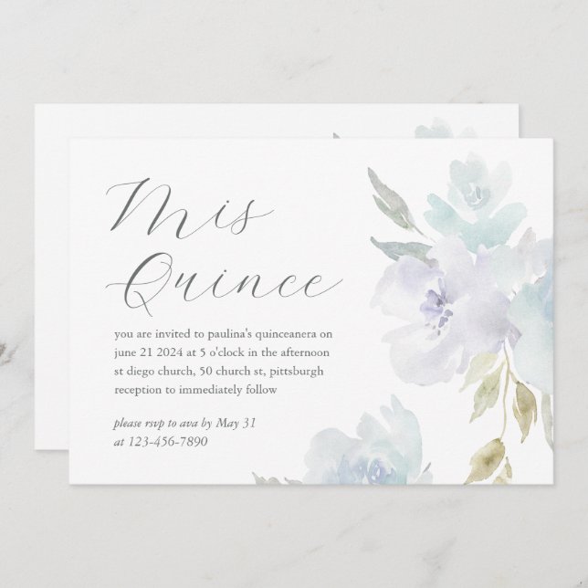 Convites Foto bonito de 15 Floral Azul Quinceañera (Frente/Verso)
