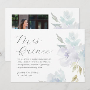 Convites Foto bonito de 15 Floral Azul Quinceañera