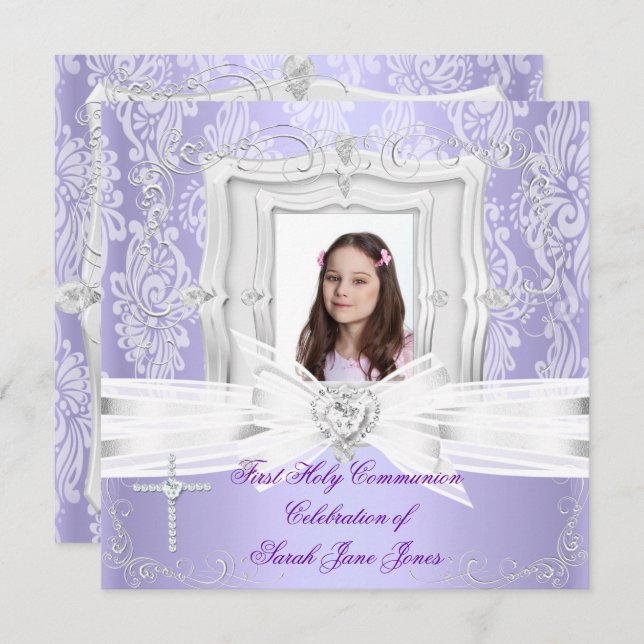 Convites Foto Bonito Roxo da Primeira Comunhão (Frente/Verso)