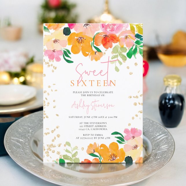 Convites Foto botânica Dourada brilhante Sweet 16 (Gold glitter floral photo botanical Sweet 16 Invitation)