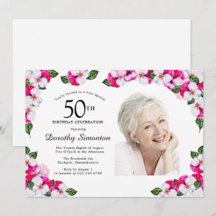 Convites Foto branca cor-de-rosa magenta bonito 50º anivers