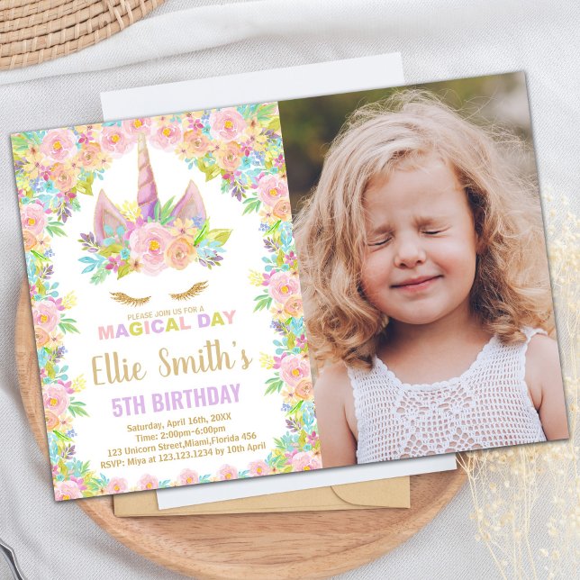 Convites Foto Branca de Cores Florais (Floral Colors White Photo Unicorn Birthday Invitation)