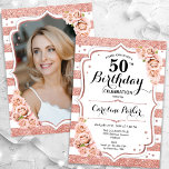 Convites Foto branca Dourada de Rosa Floral 50º Aniversário<br><div class="desc">Elegante, floral, 50º aniversário feminino com sua foto no final do cartão. Design cor-de-rosa brilhante, cor-de-rosa esbranquiçada com ouro rosa brilhante falso. Apresenta faixas, rosas, fontes de script e confetti. Perfeito para uma festa de comemoração de na moda adulto. Personalize com seus próprios detalhes. Pode ser personalizado para qualquer idade!...</div>