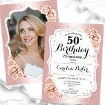 Convites Foto branca Dourada Elegante do Rosa, 50º aniversá<br><div class="desc">Elegante convite floral feminino de 50 anos com sua foto no final do cartão. Design de vidro com ouro de rosa de cintilação falsa. Funcionalidades cor-de-rosa pincelado, tipo de letra de script e confetti. Perfeito para uma festa de comemoração de na moda adulto. Personalize com seus próprios detalhes. Pode ser...</div>