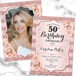 Convites Foto branca Dourada Elegante do Rosa, 50º aniversá<br><div class="desc">Elegante, floral, 50º aniversário feminino com sua foto no final do cartão. Design cor-de-rosa brilhante, cor-de-rosa esbranquiçada com ouro rosa brilhante falso. Apresenta faixas, rosas, fontes de script e confetti. Perfeito para uma festa de comemoração de na moda adulto. Personalize com seus próprios detalhes. Pode ser personalizado para qualquer idade!...</div>