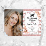Convites Foto branca Dourada Elegante do Rosa, 50º aniversá<br><div class="desc">Elegante convite floral feminino para o 50º aniversário com sua foto. Design cor-de-vidro, branco e cor-de-rosa pincelado com ouro rosa brilhante falso. Recursos stripes, rosa vermelha, fonte de script e confetti. Perfeito para uma festa de comemoração de na moda adulto. Personalize com seus próprios detalhes. Pode ser personalizado para qualquer...</div>