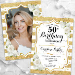 Convites Foto branca Dourada Floral 50º aniversário<br><div class="desc">Elegante, floral, 50º aniversário feminino com sua foto no final do cartão. Design de branco de vidro com ouro brilhante falso. Apresenta faixas, rosas, fontes de script e confetti. Perfeito para uma festa de comemoração de na moda adulto. Personalize com seus próprios detalhes. Pode ser personalizado para qualquer idade! Impressos...</div>