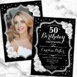 Convites Foto branca Elegante Black Silver 50º aniversário<br><div class="desc">Elegante convite de 50 anos florais com sua foto no fundo do cartão. Design preto e branco com cinza brilhante. Possui rosas brancas, fonte de script e confetti. Perfeito para uma festa de comemoração de na moda adulto. Personalize com seus próprios detalhes. Pode ser personalizado para qualquer idade! Impressos convites...</div>