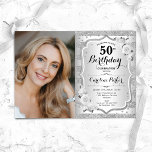 Convites Foto branca Elegante Silver 50º aniversário<br><div class="desc">Elegante convite floral feminino para o 50º aniversário com sua foto. Design com falso brilho de prata. Apresenta faixas, rosas brancas, fonte de script e confetti. Perfeito para uma festa de comemoração de na moda adulto. Personalize com seus próprios detalhes. Pode ser personalizado para qualquer idade! Impressos convites Zazzle ou...</div>
