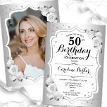 Convites Foto branca Elegante Silver 50º aniversário<br><div class="desc">Elegante convite floral feminino de 50 anos com sua foto no final do cartão. Glam design com falso prata. Possui rosas brancas, fonte de script e confetti. Perfeito para uma festa de comemoração de na moda adulto. Personalize com seus próprios detalhes. Pode ser personalizado para qualquer idade! Impressos convites Zazzle...</div>