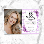 Convites Foto Branca Floral Púrpura 50º Aniversário<br><div class="desc">Elegante convite floral feminino para o 50º aniversário com sua foto. Design com listras, rosas lilás leves, fontes de script e confetti. Perfeito para uma festa de comemoração de na moda adulto. Personalize com seus próprios detalhes. Pode ser personalizado para qualquer idade! Impressos convites Zazzle ou modelo de impressão digital...</div>