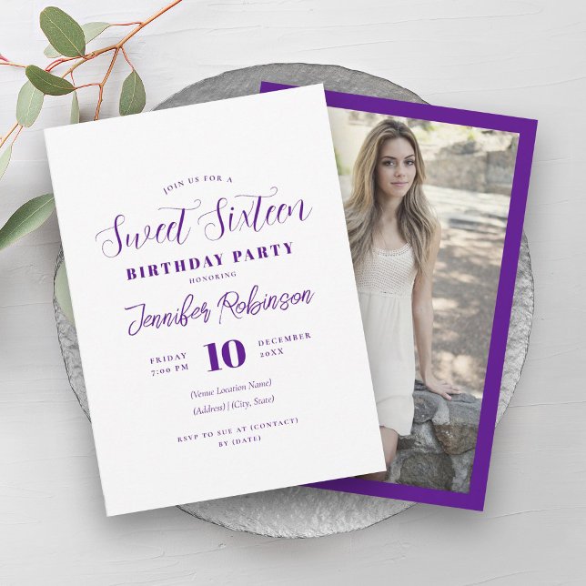 Convites Foto Branca Roxa Simples Moderna Doce 16 Dezesseis (Simple Modern Purple White Photo Sweet 16 Sixteen Invitation)
