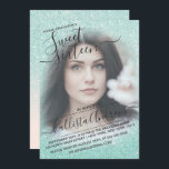 Convites Foto brilhante brilhante azul cor-de-rosa doce 16<br><div class="desc">Este elegante, feminino e doce convite de aniversário de 16 fotos é perfeito para a adolescente da moda e na moda. Ele retrata um cintilante brilhante azul-mint impresso e cintilante cor-de-rosa-rosa com uma configuração personalizada de tipografia cursiva do script. É um toque glamouroso, feminino, simples e único numa tendência popular...</div>