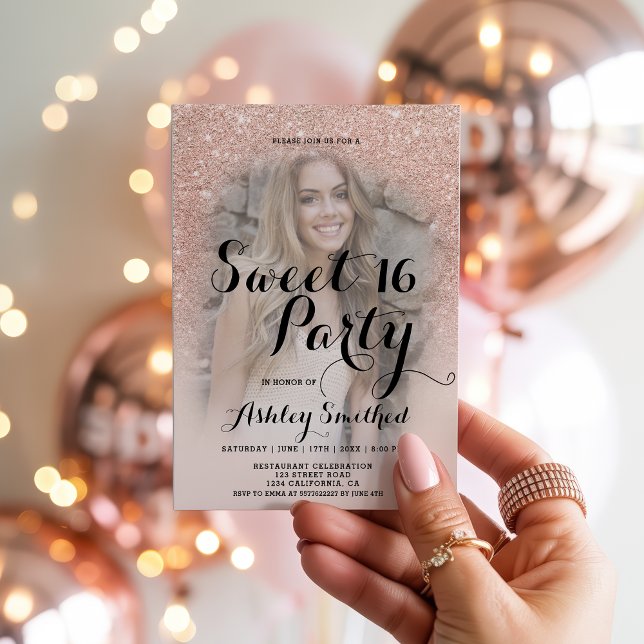 Convites Foto brilhante de rosa de Blush Chic Clush Moderno (Modern Chic Blush rose gold glitter photo Sweet 16 Invitation)