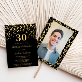 Convites Foto brilhante preta e Dourada Trinta aniversário 