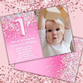 Convites Foto Brilho Rosa Aniversário de 1 ano