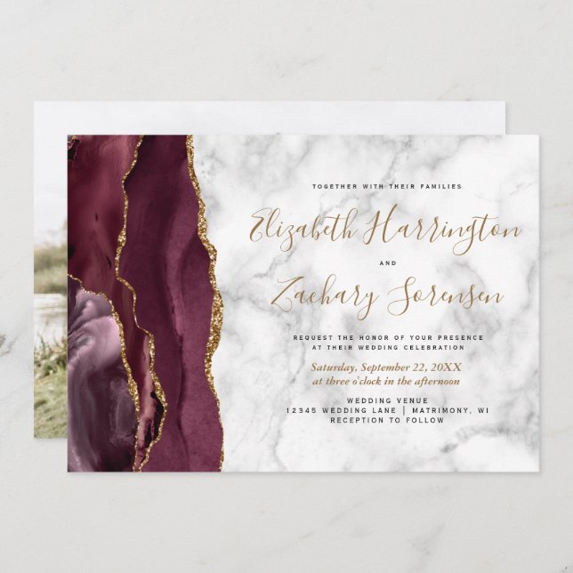 Convites Foto Burgundy Dourada Agate Marble Wedding (Frente/Verso)