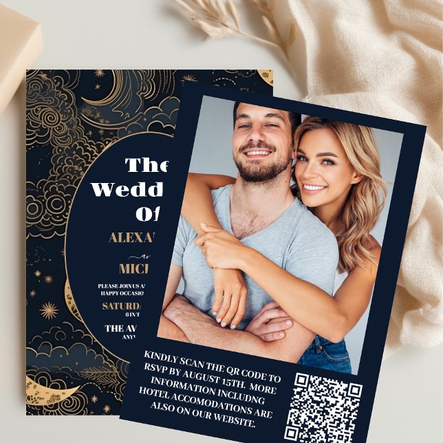Convites Foto: Casamento Celestial Azul Dourado à Meia-Noit (Criador carregado)