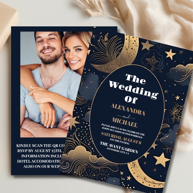 Convites Foto: Casamento Celestial Azul Dourado à Meia-Noit (Criador carregado)