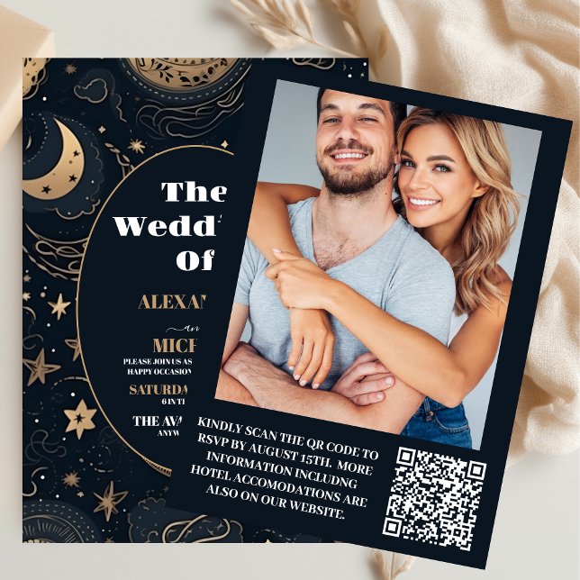 Convites Foto Casamento Celestial Azul Meia-Noite Dourado (Criador carregado)