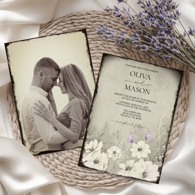 Convites Foto: Casamento de Flor Selvagem com Borboleta (Vintage Nostalgic Photo Purple Butterfly Invitation)
