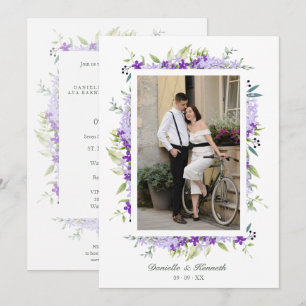 Convites Foto Casamento de Flores e Ramificações Roxas