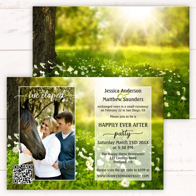 Convites Foto: Casamento de Posto de País com Script Primav (Happily ever after wedding invitation with your photo framed on a spring meadow with flowers - QR)