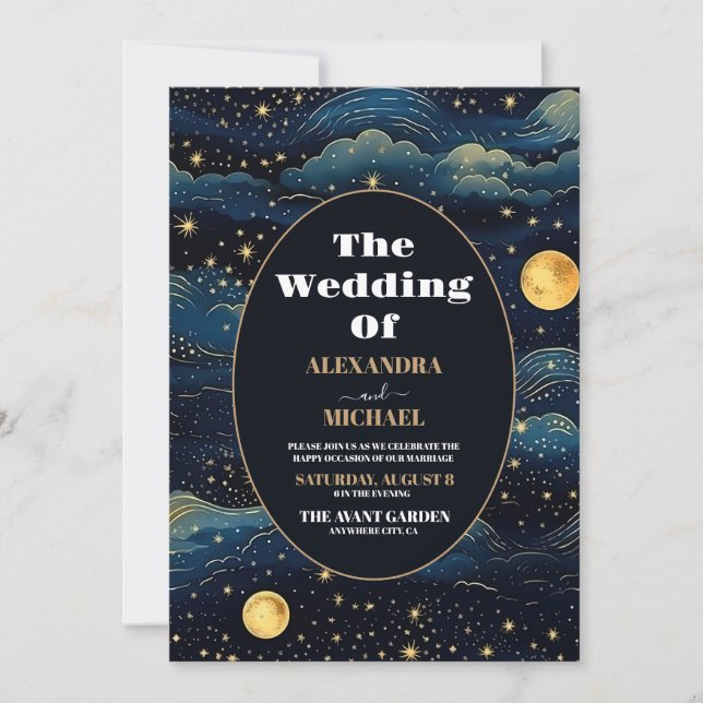 Convites Foto Casamento Estrelas Azul Meia-Noite Celestial (Frente)