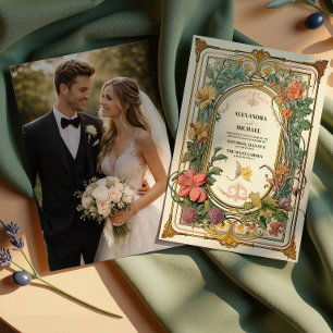 Convites Foto Casamento Floral Art Nouveau Vintage