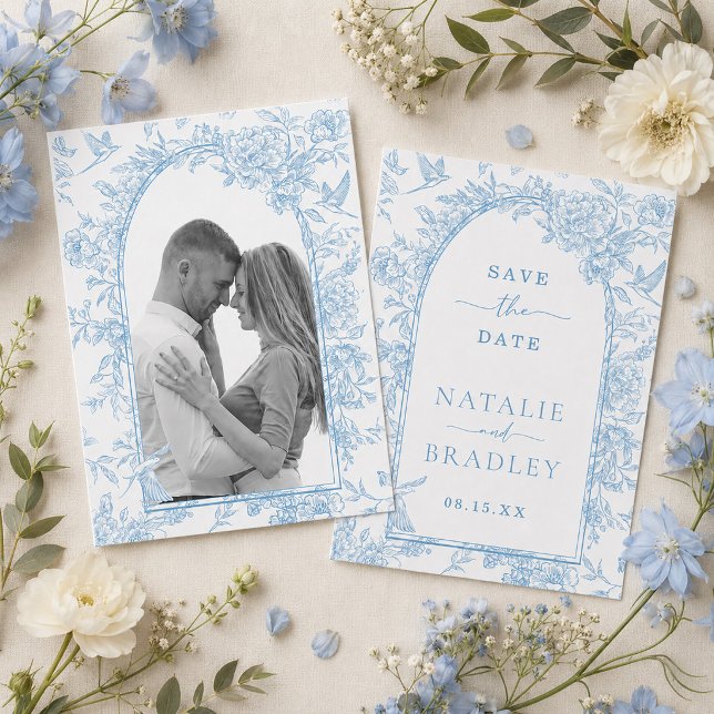 Convites Foto Casamento Floral Azul Francês Save the Date (Photo French Blue Floral Wedding Save the Date Invitation)
