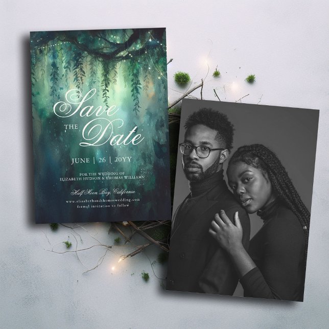 Convites Foto-Casamento Leve da Floresta Encantada Salvar a (enchanted forest emerald wedding save the date photo template elegant modern calligraphy formal)