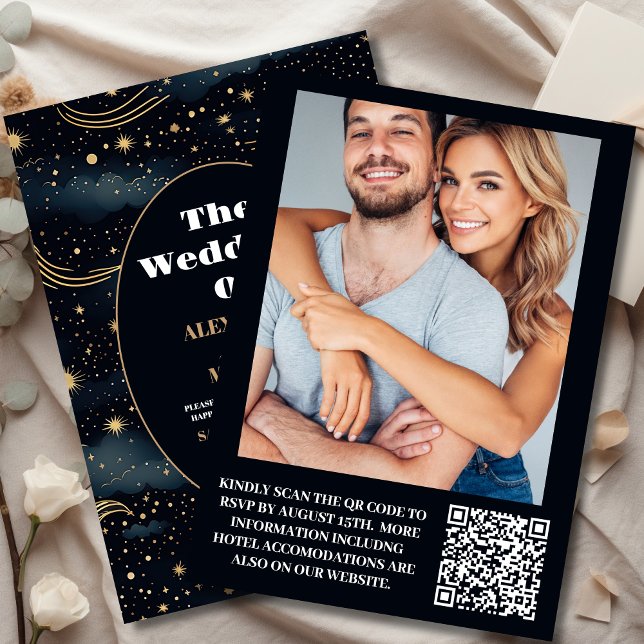 Convites Foto Celestial Midnight Blue Stars Moon Weding (Criador carregado)