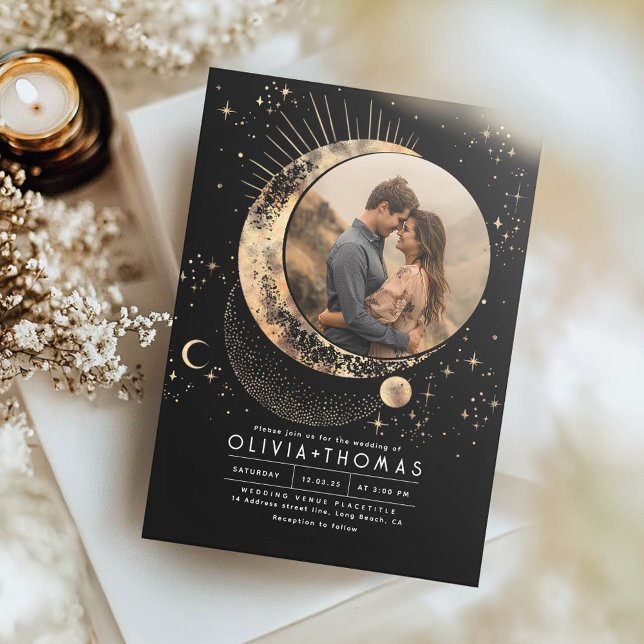 Convites Foto Celestial Mystical Moon Starry Night (Celestial Wedding Photo Invitation)