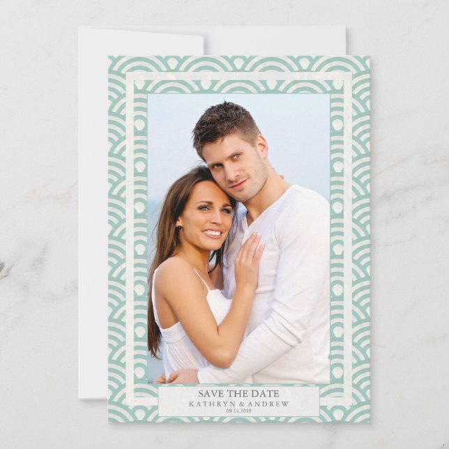 Convites Foto chapada de casamento Seigaiha japonês Save Th (Frente)