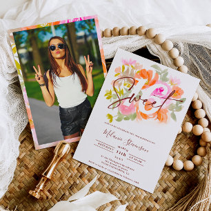 Convites Foto chic floral pastel bonito moderna Sweet 16
