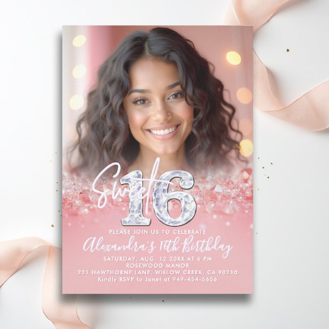 Convites Foto Chic Sparkles de Rosa Dourado de Ouros Sweet  (sweet sixteen invitation 16th birthday diamonds rose gold blush pink photo template fashion teen)