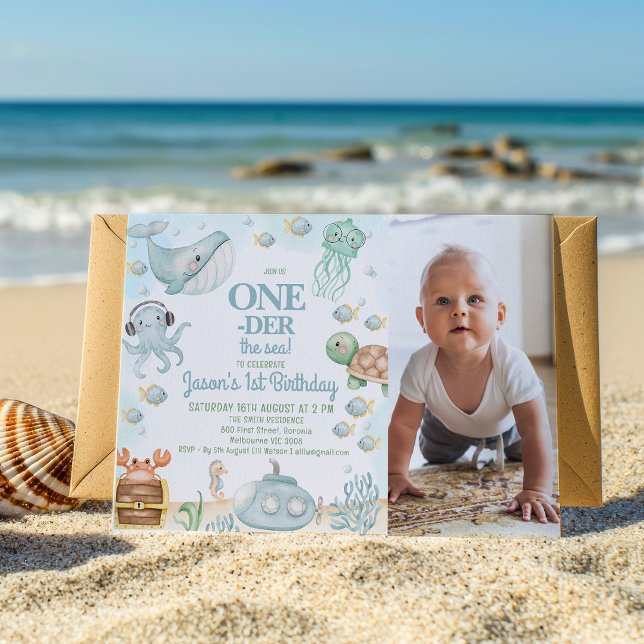 Convites Foto Cinza Azul Mais Próximo Do primeiro aniversar (Editable Oneder The Sea Birthday Invitation with Photo, Ocean Themed 1st Birthday Invitation Boy)