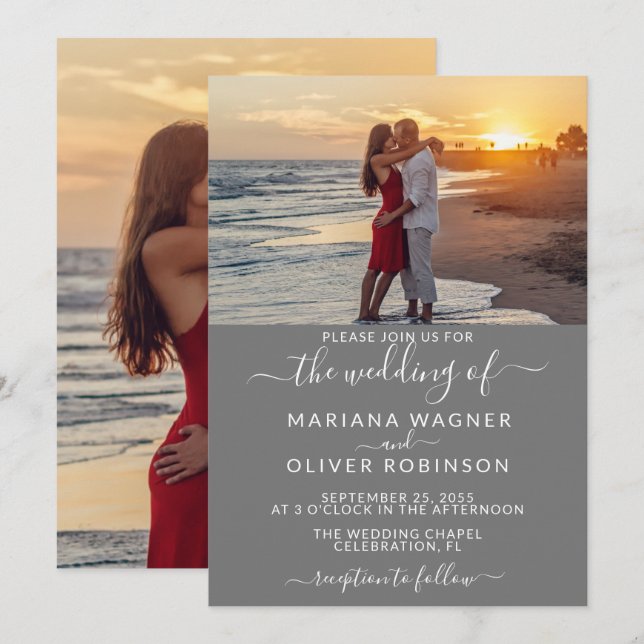 Convites Foto Cinza Elegante Casamento Script (Frente/Verso)