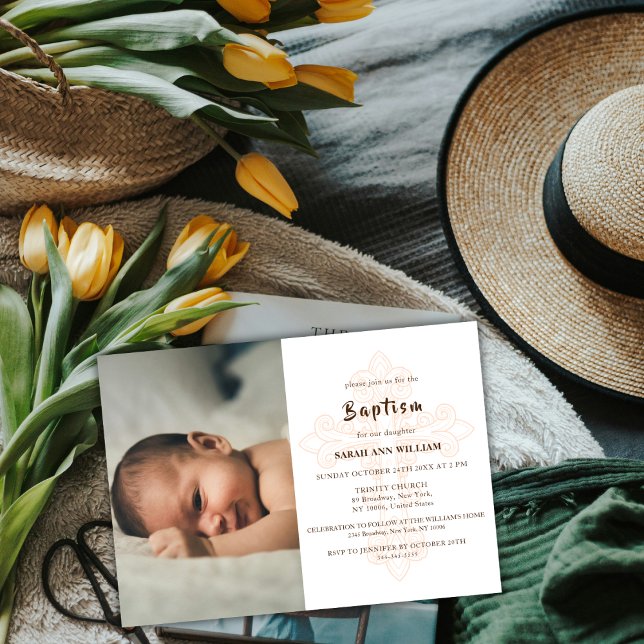 Convites Foto Clássica Dourada Tipografia Cruzada Baptismo (Classic Photo Gold Typography Cross Baptism Invitation)