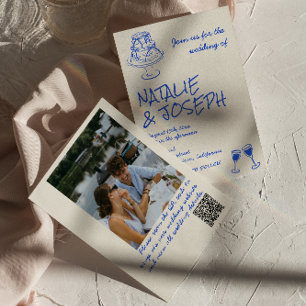 Convites Foto Código QR Desenho à Mão Arcos de Bolo Azul Ca